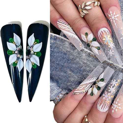 3D Acrylic Christmas Flower Nail Art Charms Handmade by Acrylic Powder - 24pcs Noel Flowers Nail Rhinestones Kit 3D Nails Design Xmas Nail Art for Women (Christmas Flowers 2-Medium & Long Size)