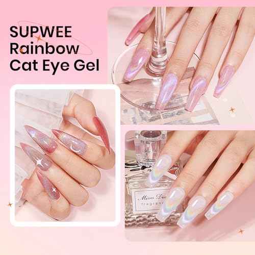 Cat Eye Gel Nail Polish Set With Magnetic, 5 Colors Translucent Nude Pink White Jelly Gel, Universal Rainbow Cat Eye, Glitter Holographic for Home DIY Manicure