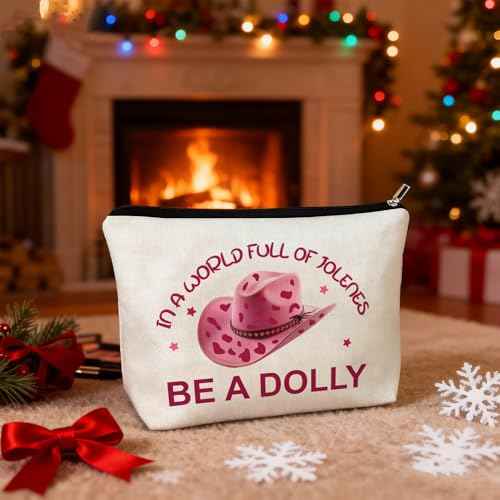 Pink Western Hat Makeup Bag, Be a Dolly Travel Period Costumes Cosmetic Bags, Dolly Gifts for Women Music Lovers Fans Sister Daughter Teachers Halloween Birthday Christmas