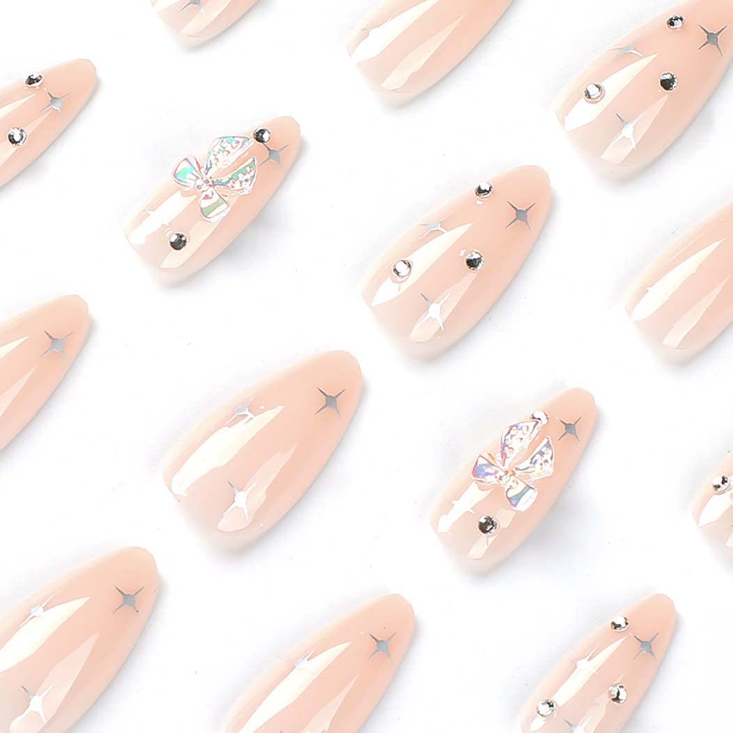 RikView Medium Press on Nails Almond Acrylic Nails Nude Nails with Rhinestones Glossy Full Cover Nails 24 PCs