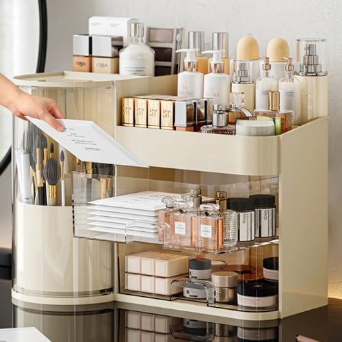 Large Cosmetic Organizer with Rotating Brush Holder & Drawers