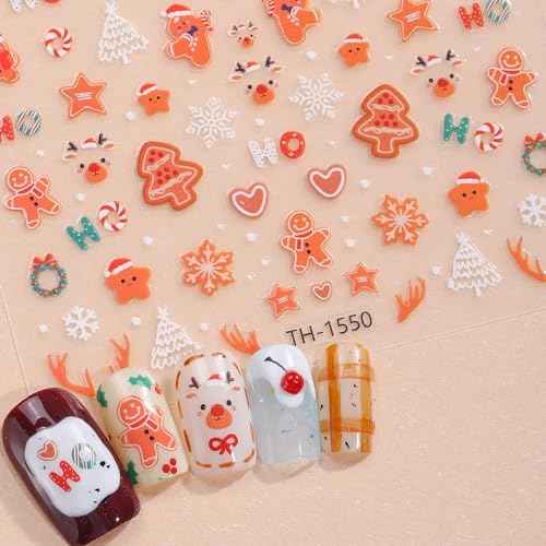 Christmas Nail Art Stickers, 3D Self-Adhesive Decals with Snowman, Snowflake, Elk, Santa Design for Gel Nails, 5 Pieces (Christmas)