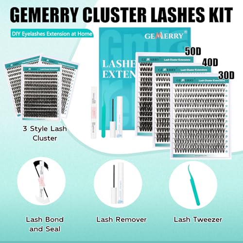 GEMERRY Lash Clusters DIY Lash Extension Kit 30D+40D+50D D Curvature Individual Lashes Eyelash Extension Kit 280 pcs Thin Band Cluster Lash Bond and Seal Tweezers with Lash Remover