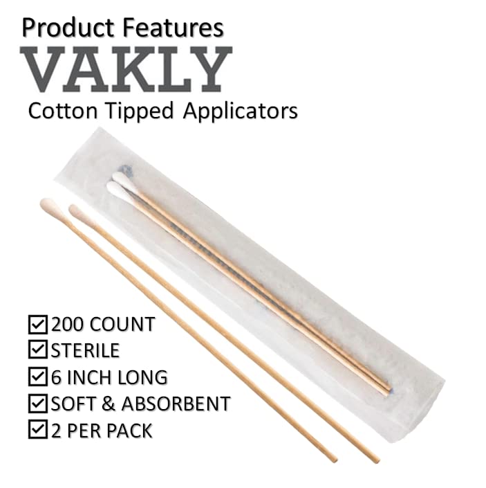 Vakly Sterile Cotton Tipped Applicators 6 Inch Wooden Swabs - 200 Pack