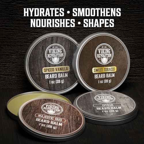 Viking Revolution 4 Beard Balm Variety Pack (1oz Each)- Spiced Vanilla, Sweet Tobacco, Majestic Oud, Citrus - Styles, Strengthens & Softens Beards & Mustaches - Leave in Conditioner Wax for Men