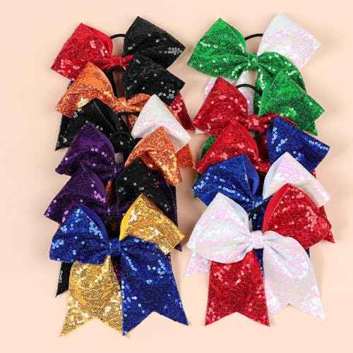 Bow Hair Tie for Girls Large Cheer Bow Sequins Ponytail Women Teen Girls Cheerleading Ribbon Holder Hair Band (Deep Blue + Yellow)