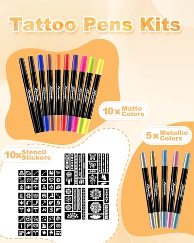 Sovano Temporary Tattoo Markers - 15 Dual-Tip Pens with 82 Stencils