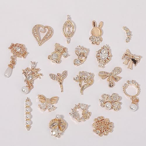 HNUIX Nail Charms and Gems - Gold Copper Zircon, Multiple Shapes 3D Dangle, Metal Jewelry Rhinestones for Nails (20pieces C Set)