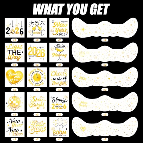 Cerlaza New Years Eve Party Supplies 2026, 40 Pcs Glitter Gold Freckles Face Temporary Tattoo, Happy New Year's Eve Decorations Nye Party Favors Accessories Gifts 2026 for Women