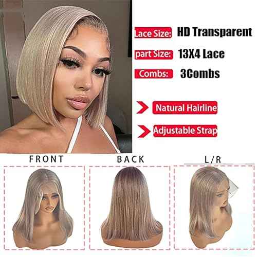 Ash Blonde Bob Wig Human Hair 13x4 HD Transparen Lace Frontal Wig Human Hair for Black Women,Glueless Ash Blonde Straight Bob Wigs Human Hair Pre Plucked 150% Density Short Blonde Wigs Human Hair