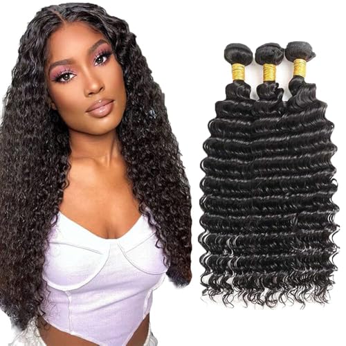 Freiuoke Deep Wave Human Hair Bundles 18 20 22 Inch Natural Black D, 150g, 3-Pack