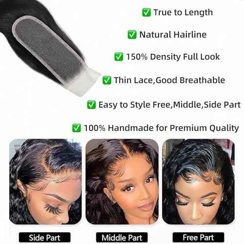 2x6 HD Lace Closure Body Wave Human Hair Transparent 2 by 6 HD Lace Closure 14Inch 100% Brazilian Virgin Unprocessed Middle Part Human Hair Kim K Closure With Baby Hair Natural Color