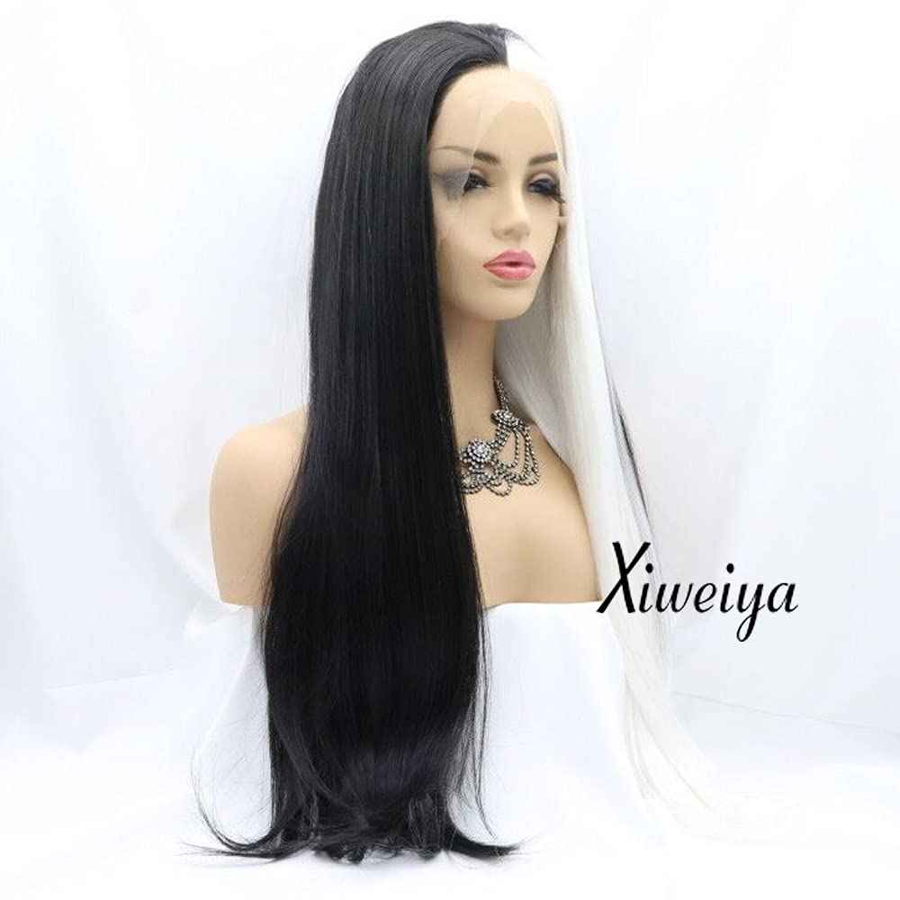xiweiya long striaght mermaid piano half color synthetic lace front wig white to black two tones heat Resistant replacement wigs for women cosplay