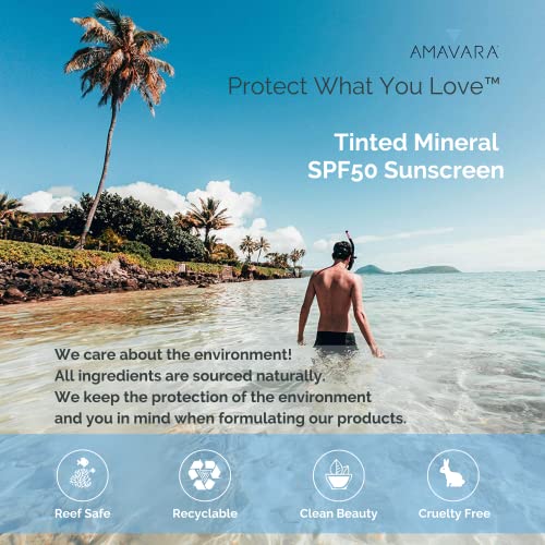 Amavara Tinted Mineral Sunscreen SPF 50, Physical Zinc Based Sunblock, Vegan Waterproof Sun-Shield, Broad Spectrum Reef Safe Suntan Lotion for Sensitive Skin Face & Body, 1.65 Ounces (1-Pack)