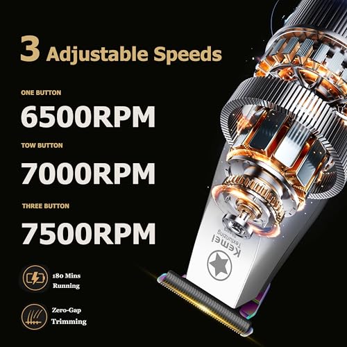 KEMEI Hair Trimmer for Men, Professional Hair Clippers Cordless Zero Gapped Trimmer with LCD Display Trimmers for Barbers with T Blade Beard Trimmers 3 Adjustable Speeds KM-1919 Silver