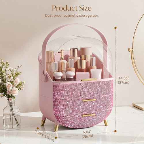 Bling Makeup Organizers for Teen Girl Gifts, Cosmetic Display Case with Clear Cover, Vanity Makeup Organizers for Lipstick Perfume Lotion and Skincare, Pink Diamond