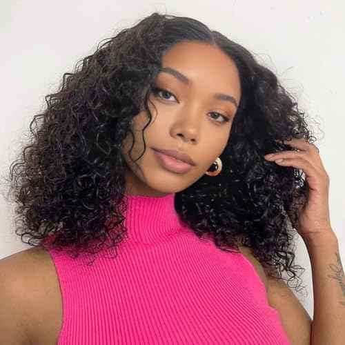 Short Wet and Wavy Curly Lace Front Wigs Human Hair 14Inch, 4x4 Water Wave Lace Frontal Bob Wig Human Hair Glueless Pre Plucked 150% Density Natural Black Color