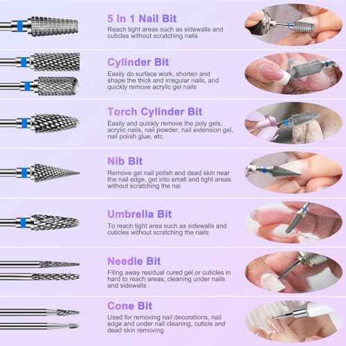 Diesisa 10PCS Nail Drill Bits Set - Tungsten Carbide Nail Bits for Acrylic Nails - 3/32" Shank Drill Bits Professional Electric Nail Bits For Nail Drill - Removal Bit Nail Drill for Home Salon-Blue