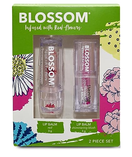 Blossom Moisturizing Custom Color Changing 2 pack, Strawberry Scented Crystal Lip Balm (Red), Shimmer Sparkle Lip Stain Tint (Blush), Infused with Real Flowers, 6g, Red/Blush