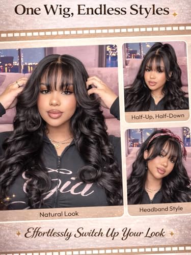 UNICE Body Wave Human Hair Wig with Wispy Bangs 16 inch