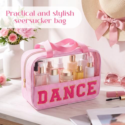Sanwuta Seersucker Makeup Bag with Chenille Letters, Pink