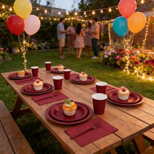 CENLBJ Burgundy Party Supplies Set for 25 Guests - Includes Disposable Plates, Cups, Napkins & Forks, 25-Count