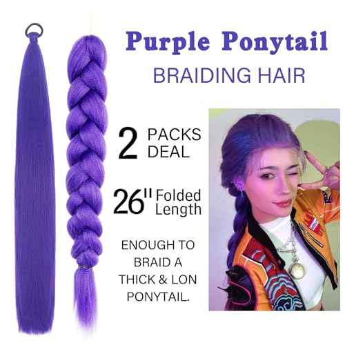 2 Packs Purple Ponytail Extension with Elastic Tie for women, 26 inch Wrap Around Braid Hair Extensions Halloween Costume Cosplay
