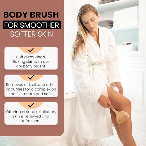 SHASH Since 1869 Hand Made in Germany - Smooth 100% Boar Bristle Body Brush, Gently Exfoliates Skin for a Softer, Smoother Complexion, Dry Brush Body Scrubber Promotes Circulation for a Healthy Glow