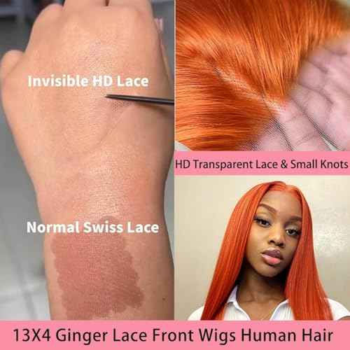 30inch 13X4 Ginger Wig Human Hair Straight Lace Front Wigs 180% Density HD Transparent Lace Frontal Glueless Pre Plucked with Baby Hair 350 Orange Colored Wig