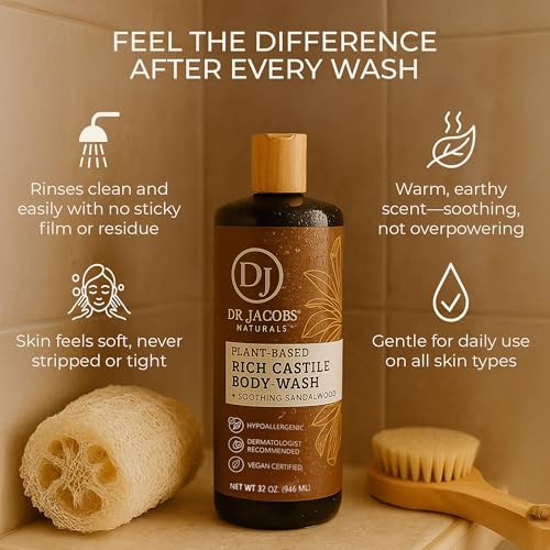 Dr. Jacobs Naturals Pure Castile Soap Liquid Body Wash, Sandalwood - Plant Based Soap Infused with Vitamin E and Aloe Vera to Moisturize Dry and Sensitive Skin - Made in the USA - 32 oz, Pack of 2