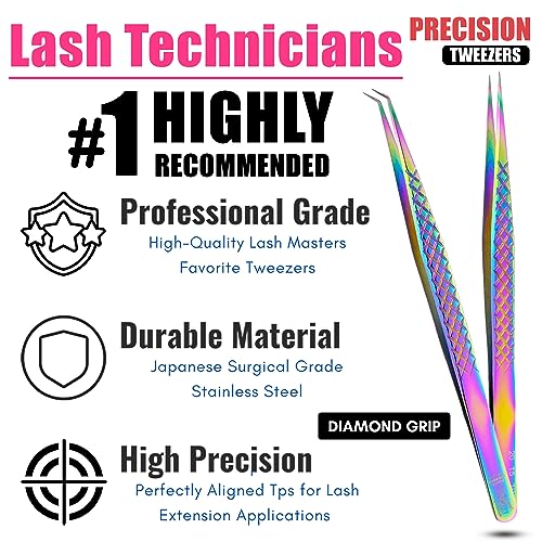 2pcs Curved & Straight Isolation Tweezers for Eyelash Extensions ? 14cm Japanese Stainless Steel, Diamond Grip Non Slip Grip, Rainbow Set, Best for Classic & Individual Lashes