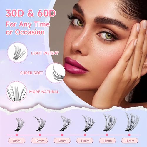 Lash Extension Kit DIY 240pcs Lash Clusters Eyelash Extension Kit, 8-16mm 30D 60D Individual Lashes Kit with Lash Bond and Seal, Lash Tweezers for Self Use (30D&60D, 0.07D, 8-16mm, Kit)