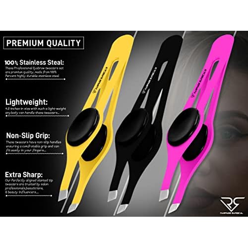 Professional Eyebrow Tweezers Slanted Tip Stainless Steel 2,3xPcs Set, Non-Slip Grip Slant Tip Tweezers for Facial Hair, Plucking Removing Ingrown Hairs, Tweezer for Women Men (Black&Pink&Yellow)