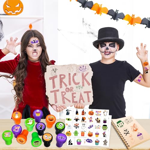 96PCS Halloween Party Favors - 72PCS Pre-Cut Temporary Tattoos & 24PCS Stamps - Ideal Scary Themed Birthday Card Decorations Supplies Goodie Bag Baby Shower Kids Gifts Classroom Rewards Prizes Costume