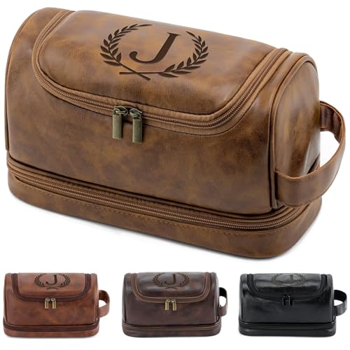 Personalized Christmas Birthday Gifts Toiletry Bag for Men Dad Husband, Custom Initial PU Leather Waterproof Toiletry Organizer Dopp Kit Shaving Bag Travel Essential for Men, Light Brown J