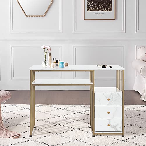 BarberPub Manicure Table with Storage Drawers - Golden Nail Desk