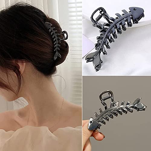 YKZFUI Fish Bone Shape Design Hair Clip, 1 Pcs Metal Hair Claw Clip Black Hairpin Fashion Nonslip Hair Clamps for Women Thick or Thin Hair Decorations