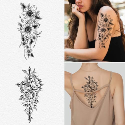 Cerlaza Black Flower Half Sleeve Temporary Tattoos for Women (10 Sheet)