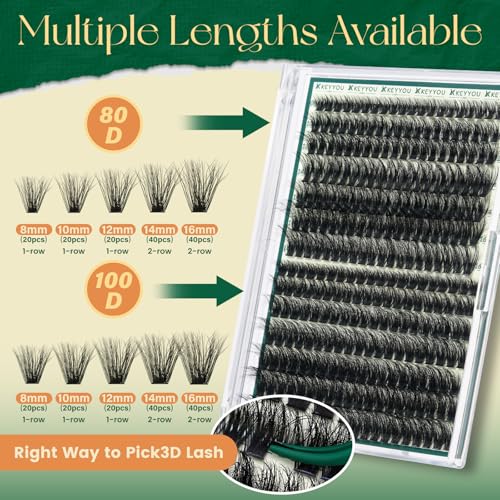 KEYYOU 3D Volume Lash Clusters Kit - 280Pcs D Curl with Bond & Tweezers