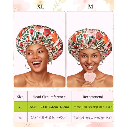 mikimini Large Shower Cap for Women Reusable Waterproof, Extra Large Hair Cap with Adjustable Elastic Band and Vibrant Floral Print, XL Bath Cap for Long Hair & Short Hair