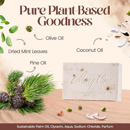 Mary Case All Natural Bar Soap for Men & Women (Set of 4) - Pine Tar Bath Soap Bar with Olive, Coconut, and Pine Oils & Dried Mint Leaves - Vegan Bath Soaps for Revitalizing & Soothing Skin