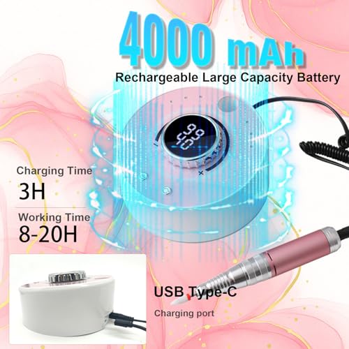 Electric Nail Drill with Brushless Motor, 40000RPM Professional Cordless Nail File for Acrylic & Gel Removal - Rechargeable Manicure & Pedicure Kit with 12 Bits for Home and Salon Use (Pink)
