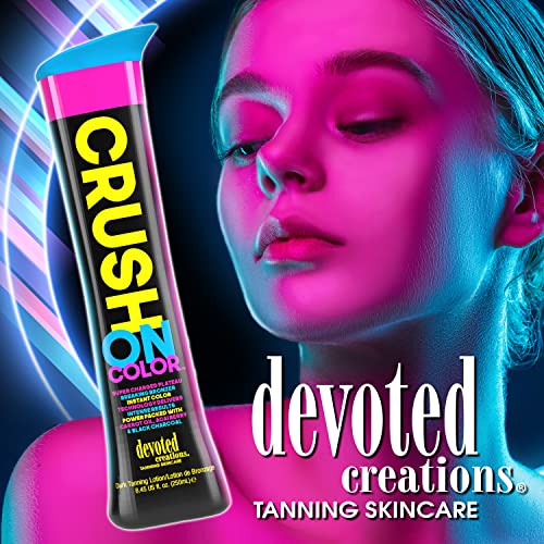 Devoted Creations Crush On Color Tanning Lotion - Super Charged Dark Bronzer - Instant Color Technology - Power Packed with Carrot Oil, Acai Berry & Black Charcoal - 8.45 oz.