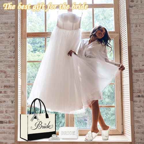 Bride to Be Gifts - Bridal Shower & Wedding Gifts - Bride Tote Bag, Slippers & Robe for Wedding Day