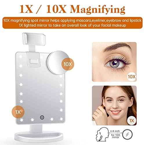 Lighted Makeup Vanity Mirror with Phone Holder and 10X Magnifying Mirror, 21 LED Lighted Mirror with Touch Sensor Dimming, 180¡ÆAdjustable Rotation, Dual Power Supply, Portable Cosmetic Mirror