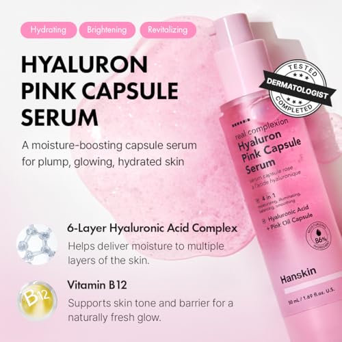 Hanskin Hyaluron Pink Capsule Serum ? 6-Layer Hyaluronic Acid for Deep Hydration, Glass Skin Glow & Pink Radiance | Vitamin B12 Barrier Support, Moisturizing & Brightening Korean Serum | 1.69 fl oz