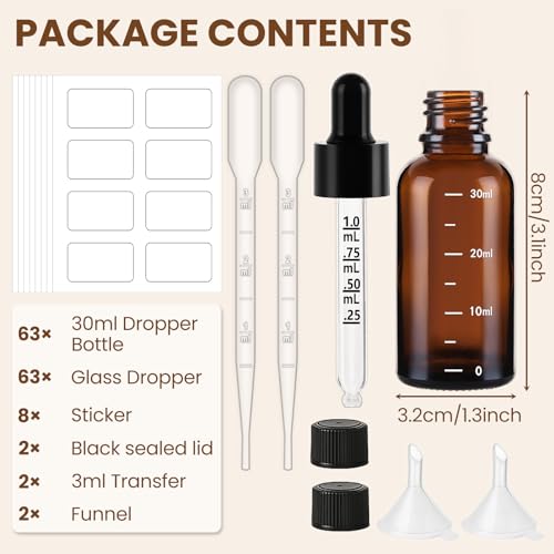 63 Amber Glass Dropper Bottles 1oz with Funnels & Labels