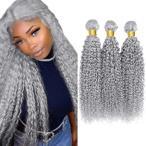 Silver Grey Curly Human Hair Bundles 3Pcs 26 28 30 Inch