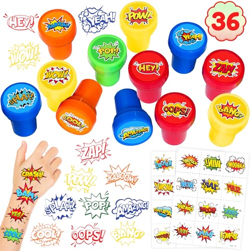 Superhero Party Favors Set - 24 Tattoos & 12 Stamps