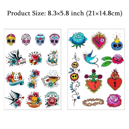 CARGEN Temporary Tattoos - 23 Classic Designs Skull Rose Bird